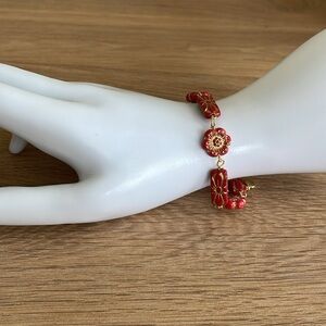 HAND CRAFTED CZECH GLASS BEADED BRACELET Red Gold Size 7.5”, 2” extender Boho